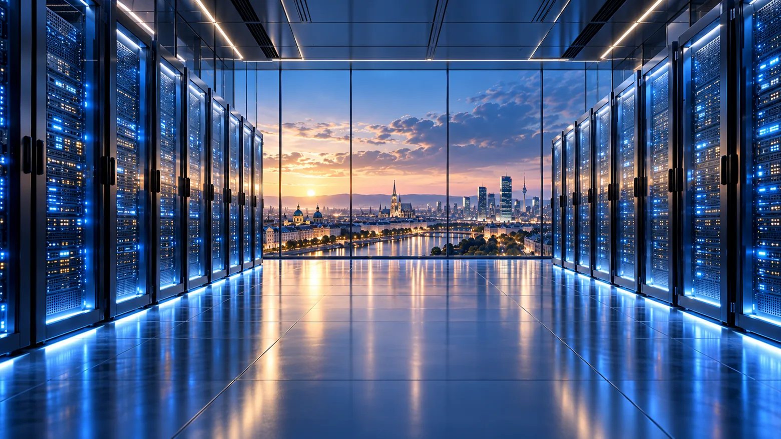 Concept illustration of an illuminated data center server aisle