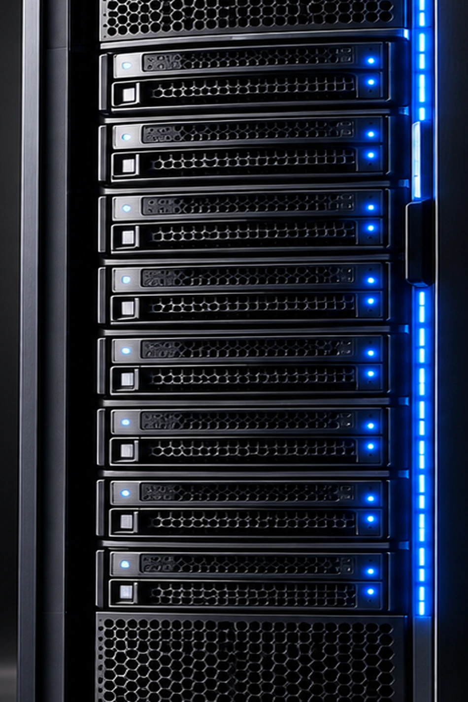 Close-up of enterprise server drive bays with blue indicator LEDs